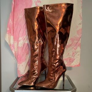 ASOS DESIGN Carly high-heeled pull on knee boots in copper metallic